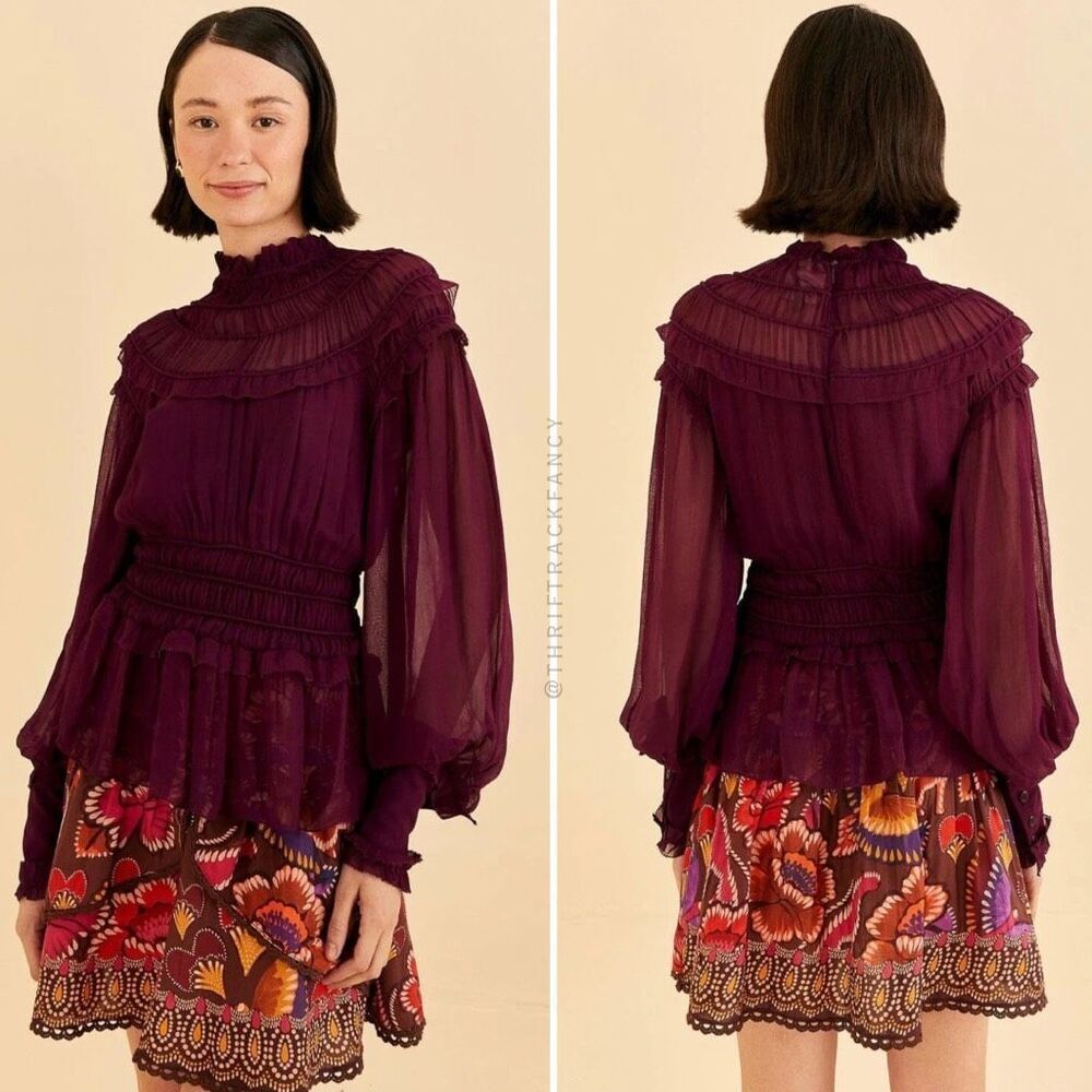 NWT Farm‎ Rio Blouse Ruffle High Neck Long Sleeve Burgundy Purple Top Size XS